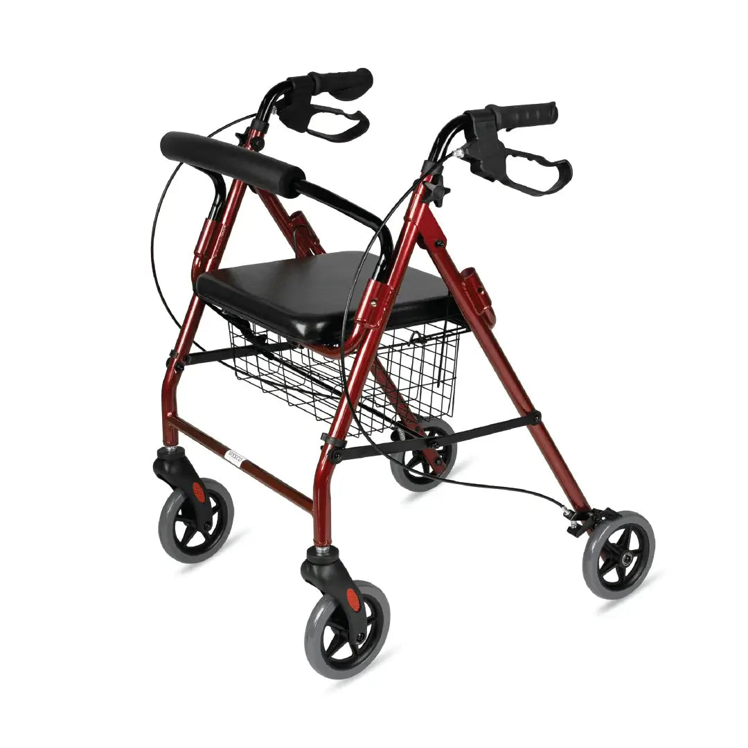 Aluminum rollator with adjustable handles and padded seat