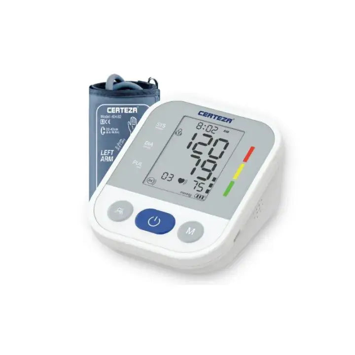 Certeza BM 404 upper arm digital blood pressure monitor device showing large LCD screen interface alongside its universal gray fabric cuff.