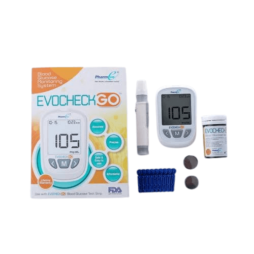 EvoCheck GO compact portable blood glucose monitor with test strips and lancets