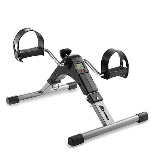 Foldable mini pedal exerciser under desk with digital display for elderly and office workers.