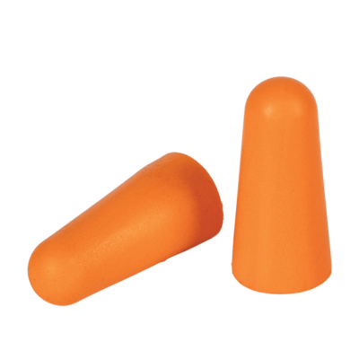 Orange tapered foam ear plugs for noise reduction and hearing protection.